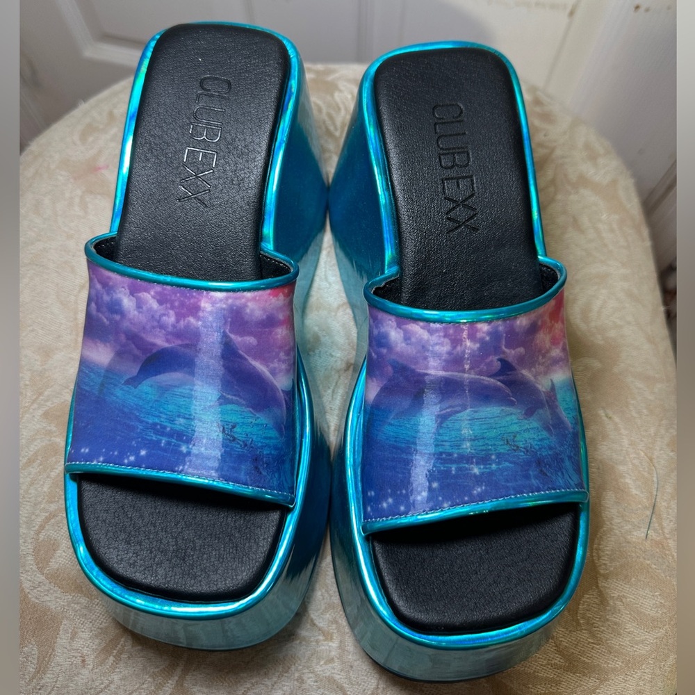 Club exx holographic dolphins platform wedge sandals